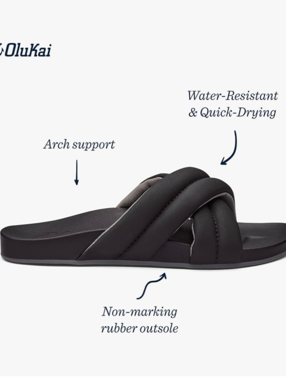 Olukai Hila Water Resistant Black Slide Sandals Size 9 - Picture 4 of 11
